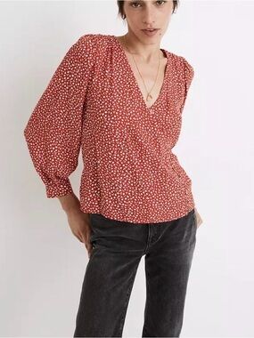 Madewell Red Printed V-Neck Ruffle Blouse